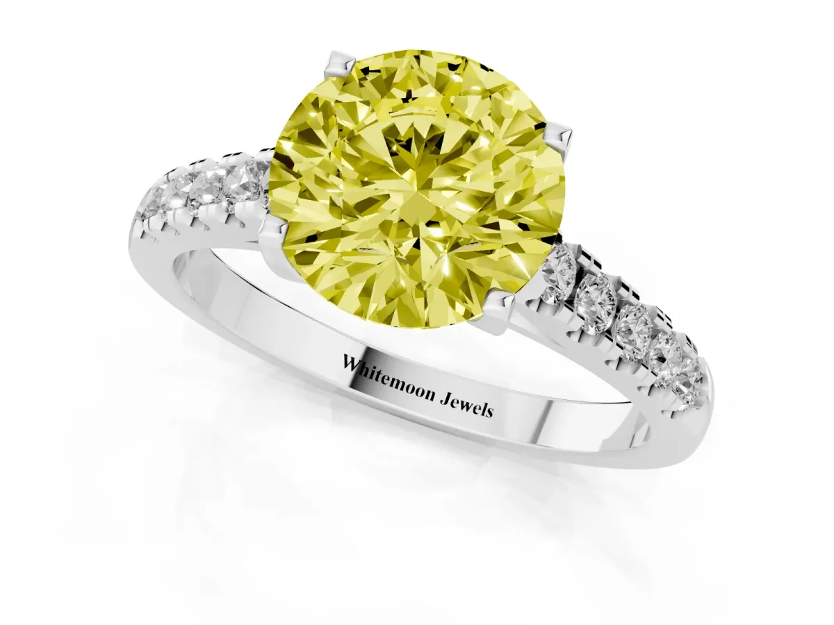 Fancy Yellow Round Cut Diamond Pavé Band Solitaire Ring with Prong Setting Silver