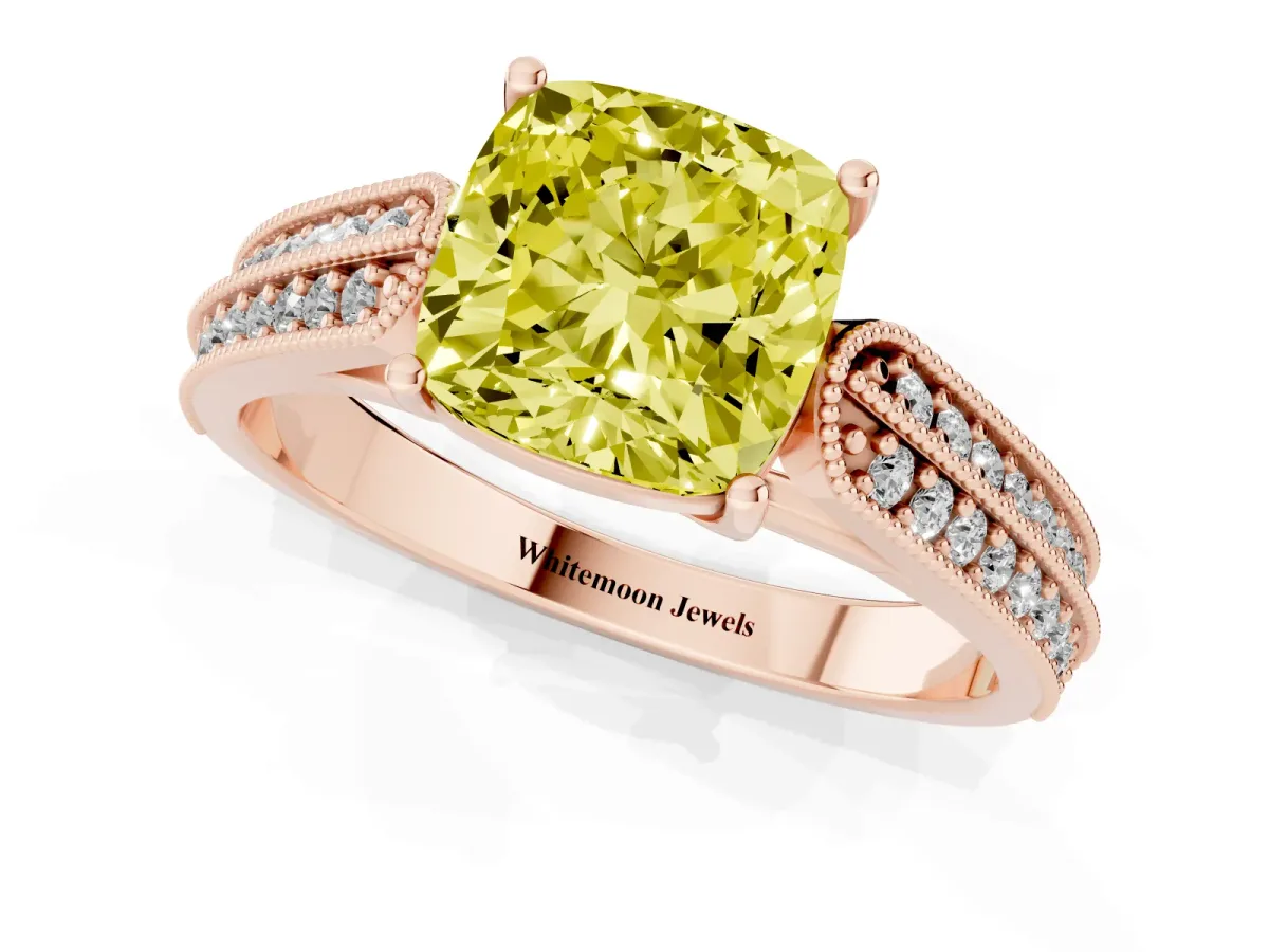 Fancy Yellow Cushion Cut Cut Pave Split Shank Engagement Ring with Four-Prong Setting Rose gold