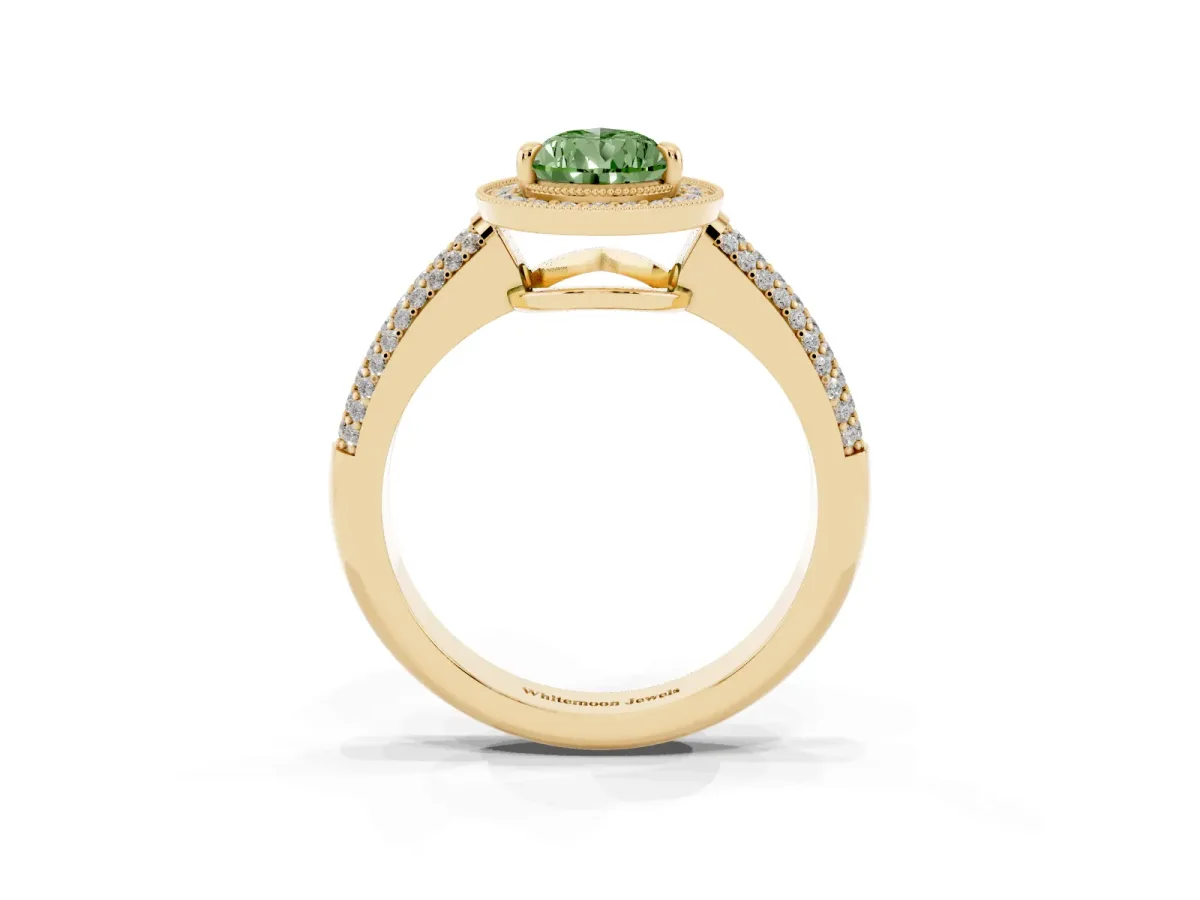 Fancy Green Pear Cut Cut Halo Diamond Pave Band with Four-Prong Setting Yellow gold