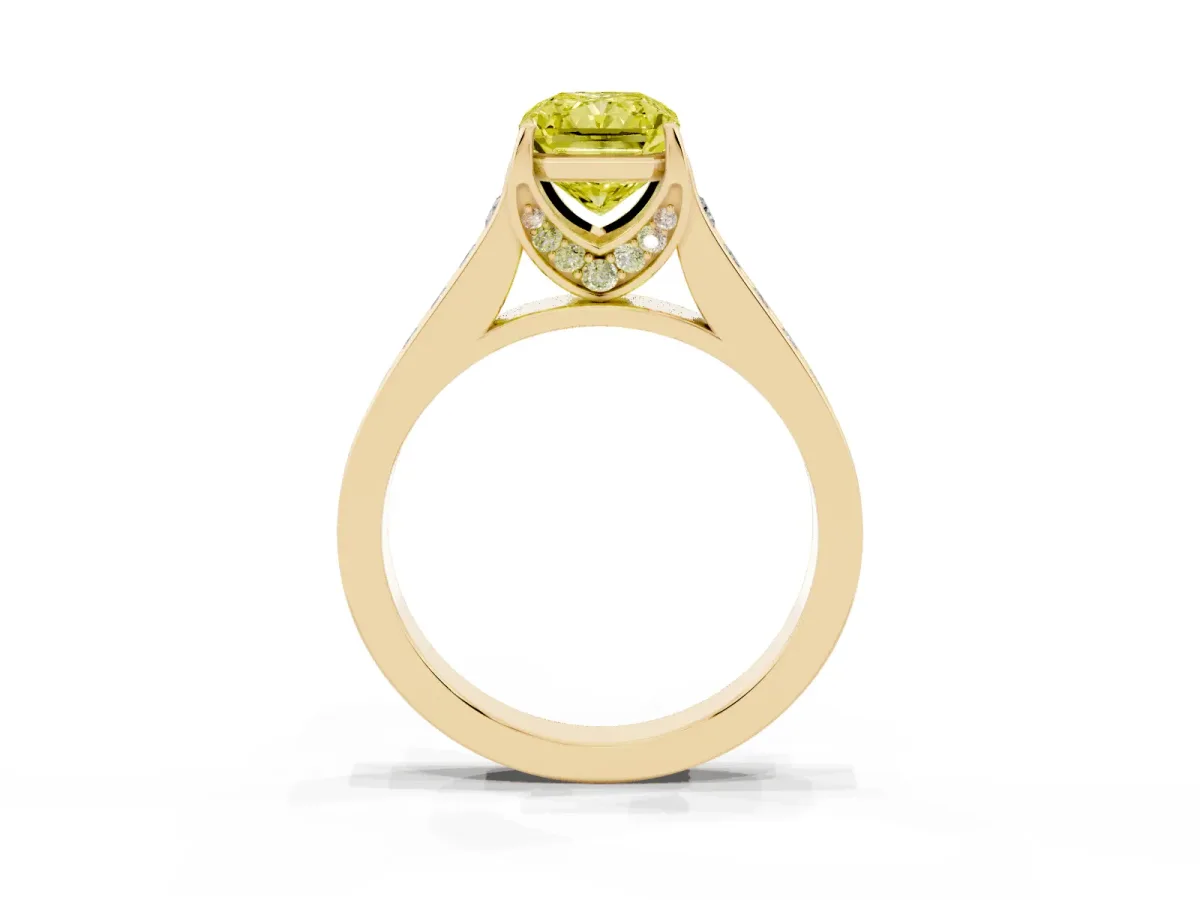 Fancy Yellow Radiant Cut Brilliant Cut Diamond Engagement Ring with Pavé Band and Four-Prong Setting Yellow gold