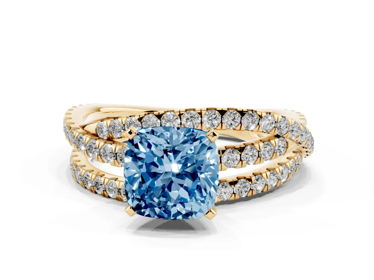 Fancy Blue Cushion Cut Solitaire Twist Band with Pavé Setting and Four-Prong Setting Yellow gold