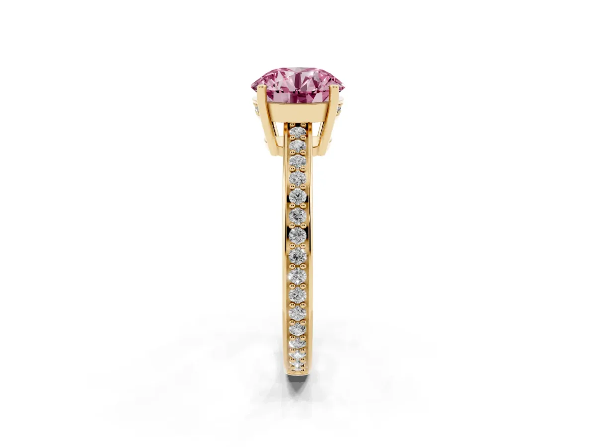 Fancy Pink Round Cut Solitaire Pavé Band Prong Setting Ring Yellow gold
