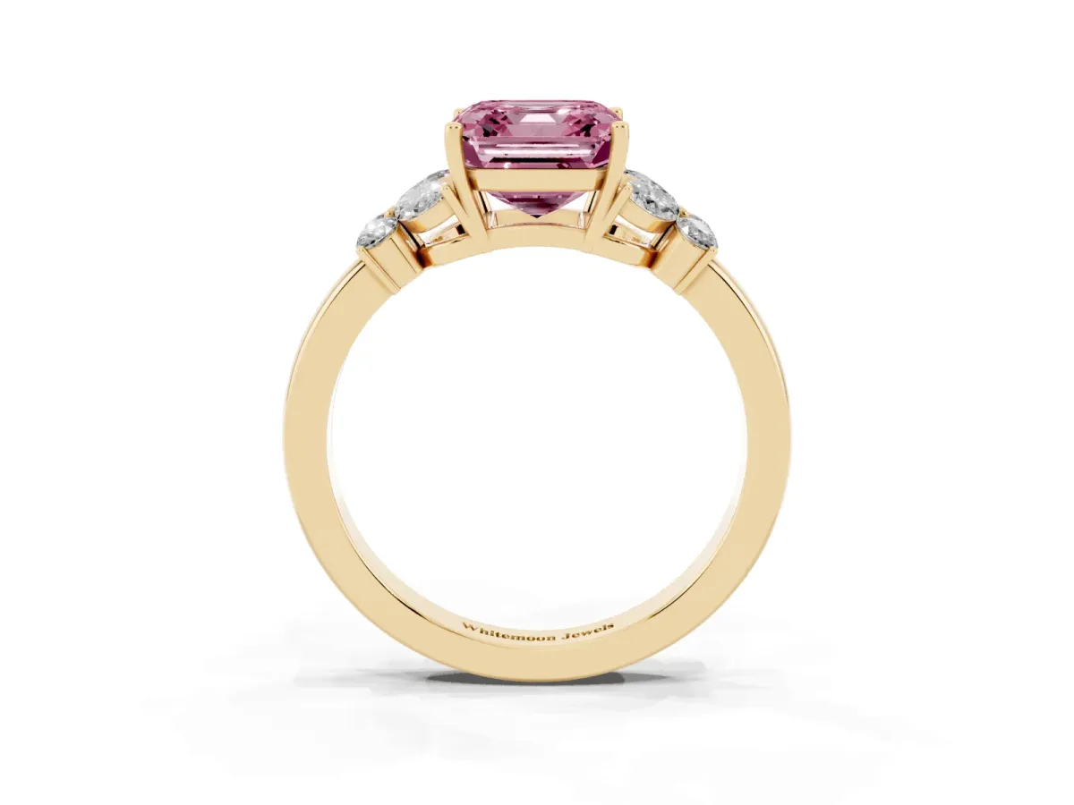 Fancy Pink Asscher Cut Cut Solitaire Floral Diamond Ring with Four-Prong Setting Yellow gold