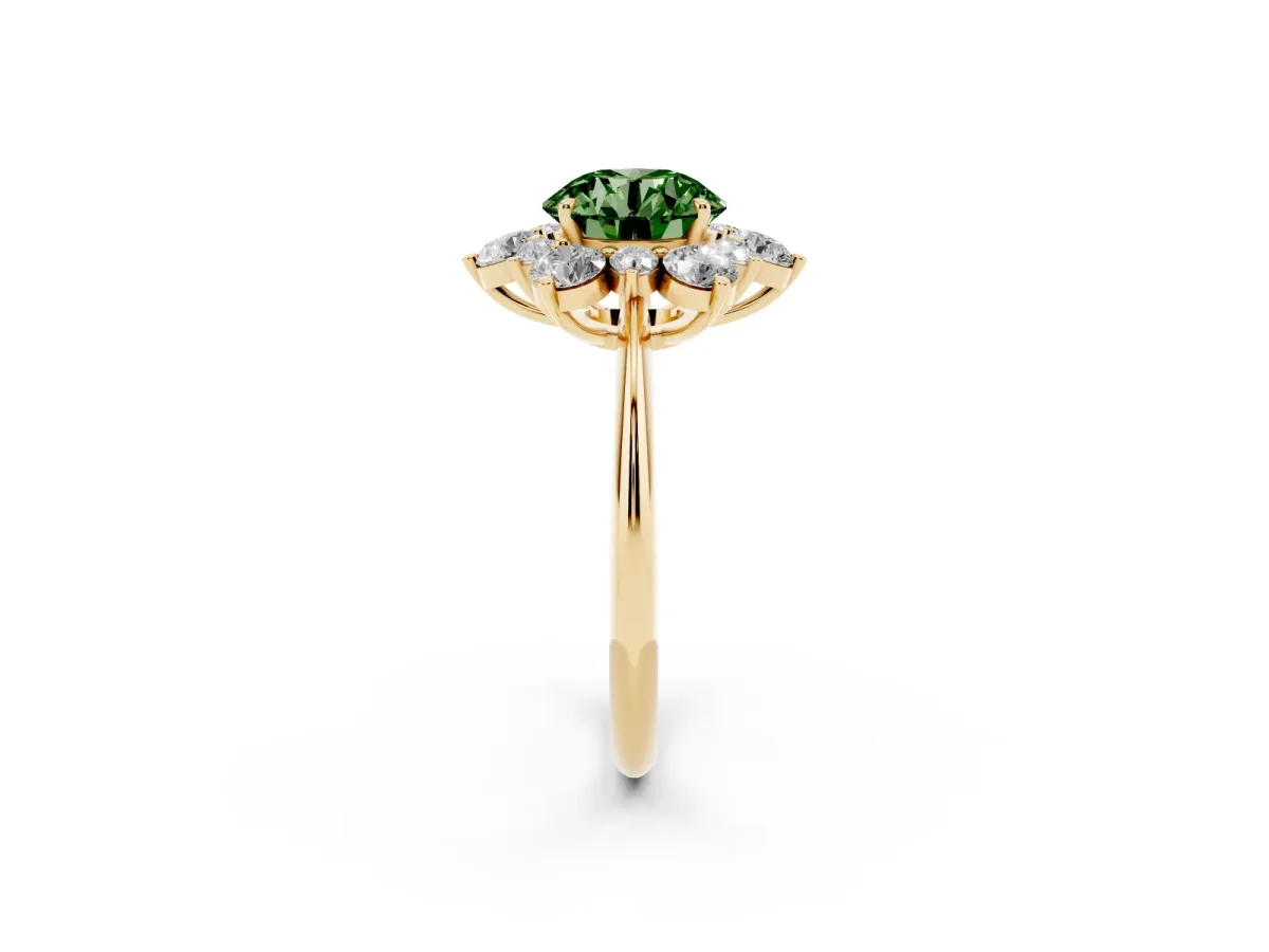 Fancy Green Round Cut Diamond Cluster Halo Ring with Solitaire Band and Four-Prong Setting Yellow gold