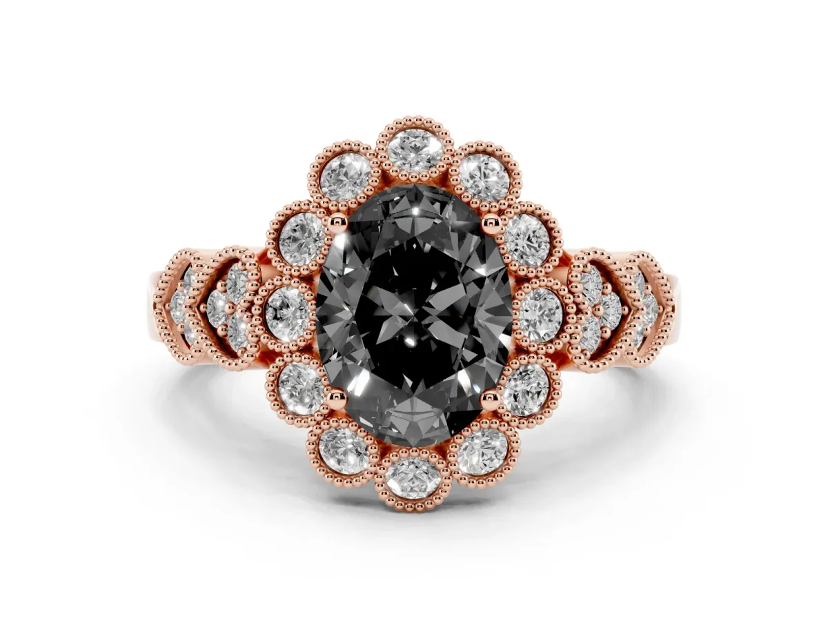 Fancy Black Oval Cut Brilliant Milgrain Pave Heart Band Solitaire Ring Rose gold