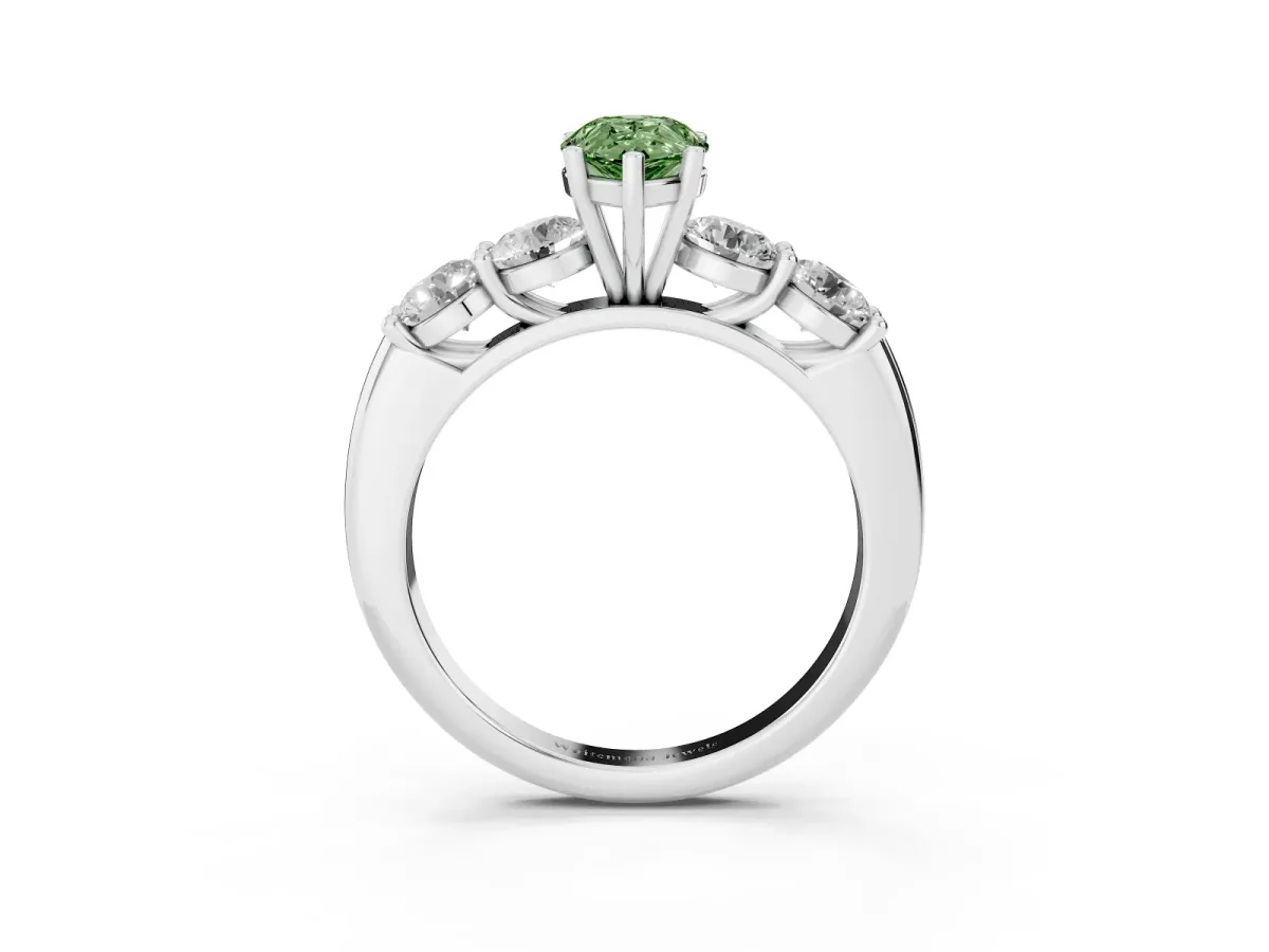 Fancy Green Pear Cut Cut Five-Stone Prong Set Diamond Ring with Classic Band Silver