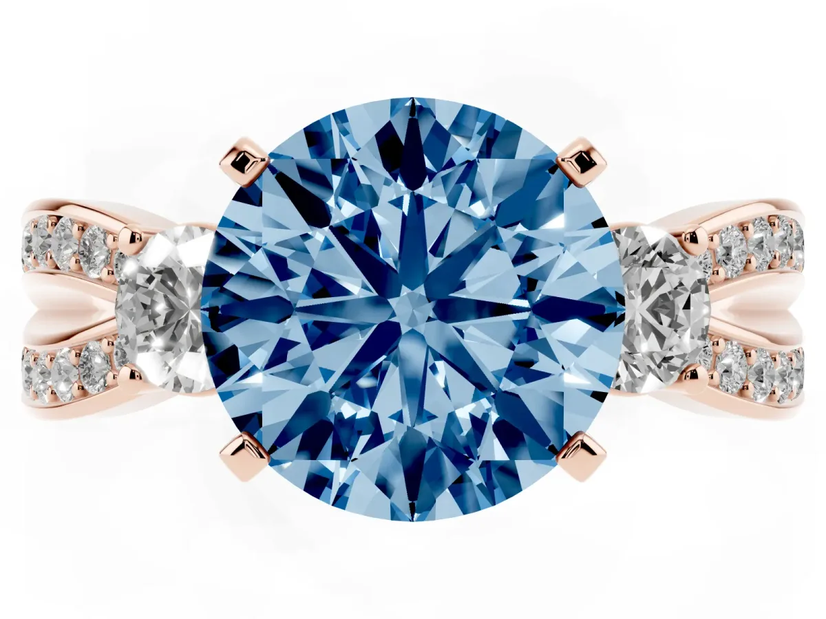 Fancy Blue Three-Stone Round Cut Cut Diamond Twist Band with Prong Setting Rose gold