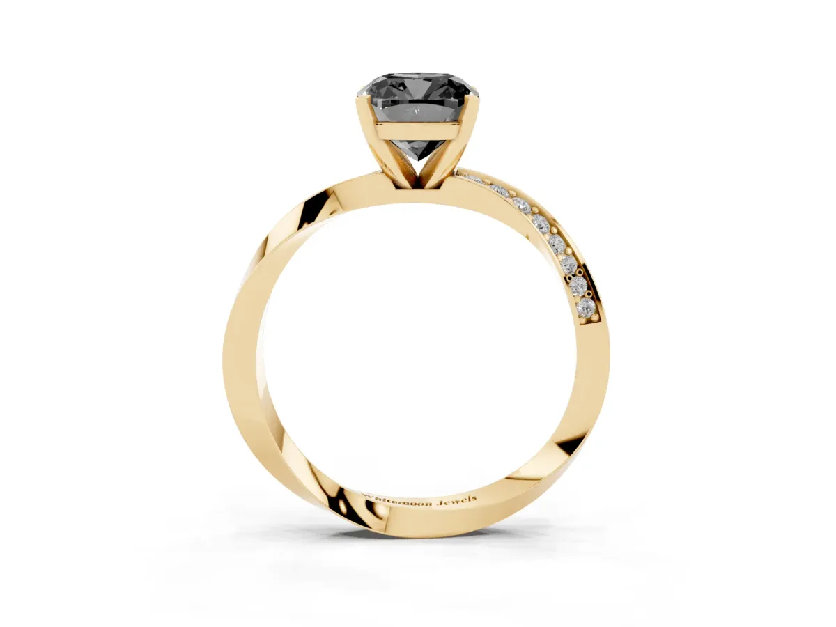 Fancy Black Cushion Cut Diamond Engagement Ring with Side Stone Accents and Four-Prong Setting Yellow gold