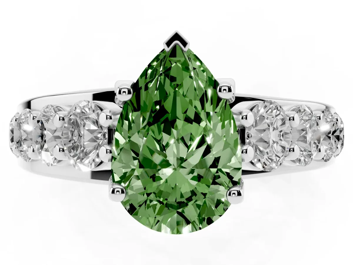 Fancy Green Pear Cut Diamond Engagement Ring with Pavé Band and Four-Prong Setting White gold