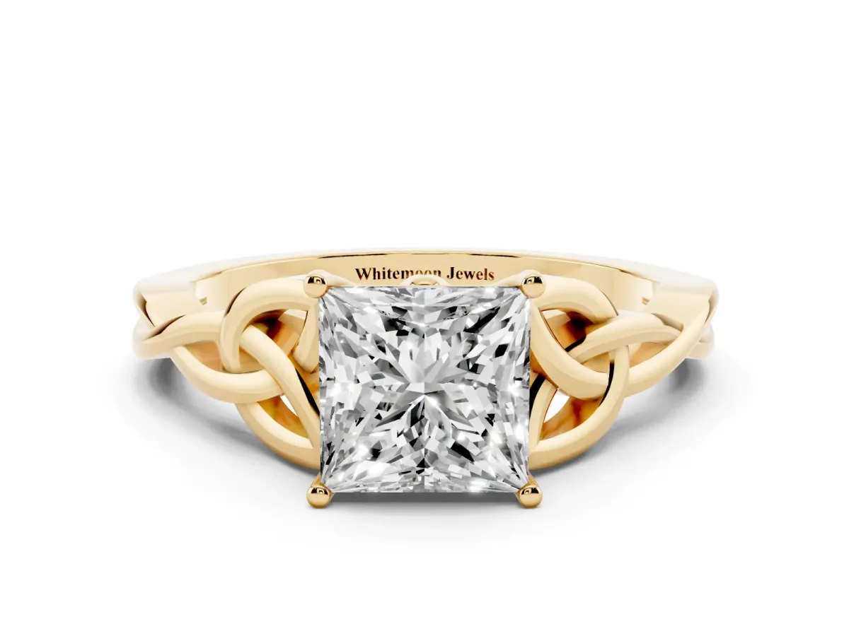Princess Cut Diamond Solitaire Engagement Ring with Celtic Knot Band and Four-Prong Setting Yellow gold