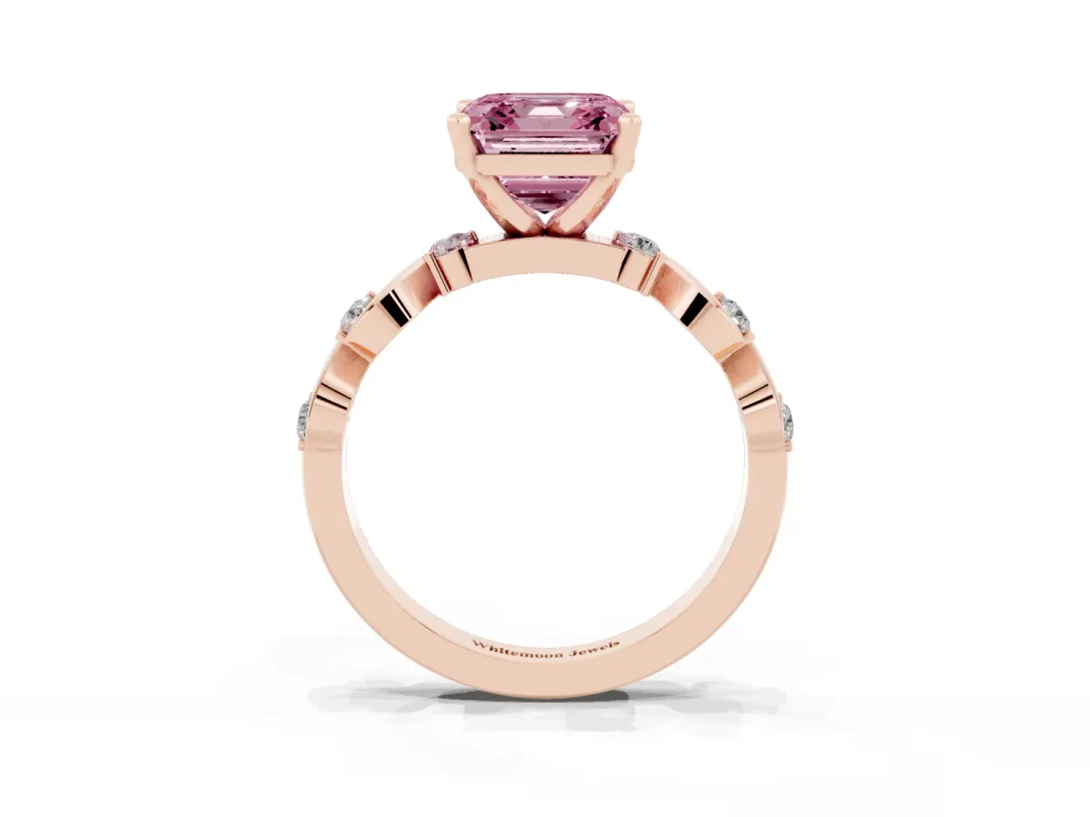 Fancy Pink Asscher Cut Diamond Solitaire Twisted Band with Round Accents and Prong Setting Rose gold
