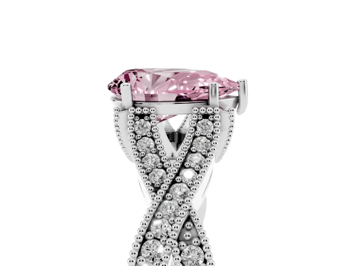 Fancy Pink Pear Cut Cut Diamond Twisted Band with Milgrain Pave Setting and Four-Prong Setting Silver