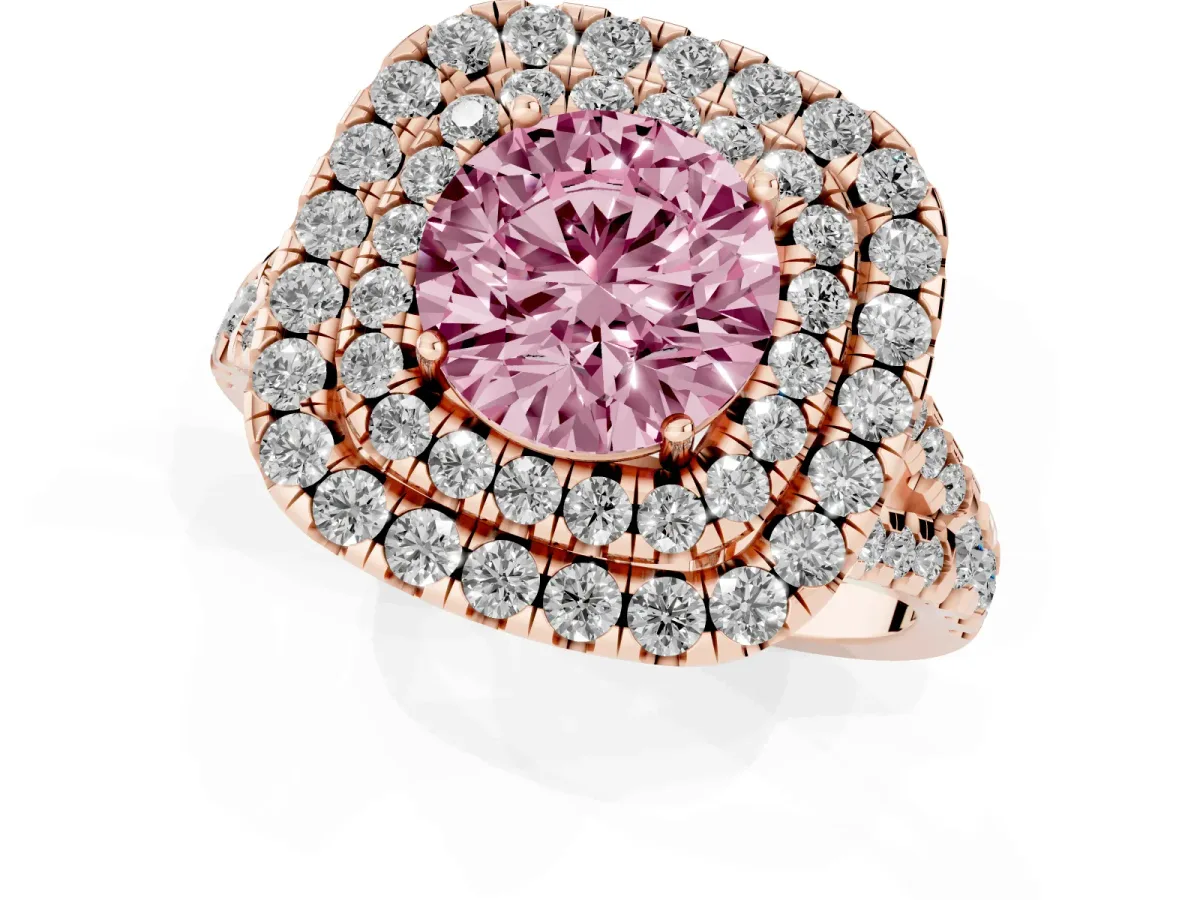 Fancy Pink Double Halo Round Cut Diamond Pavé Split Shank Ring with Prong Setting Rose gold