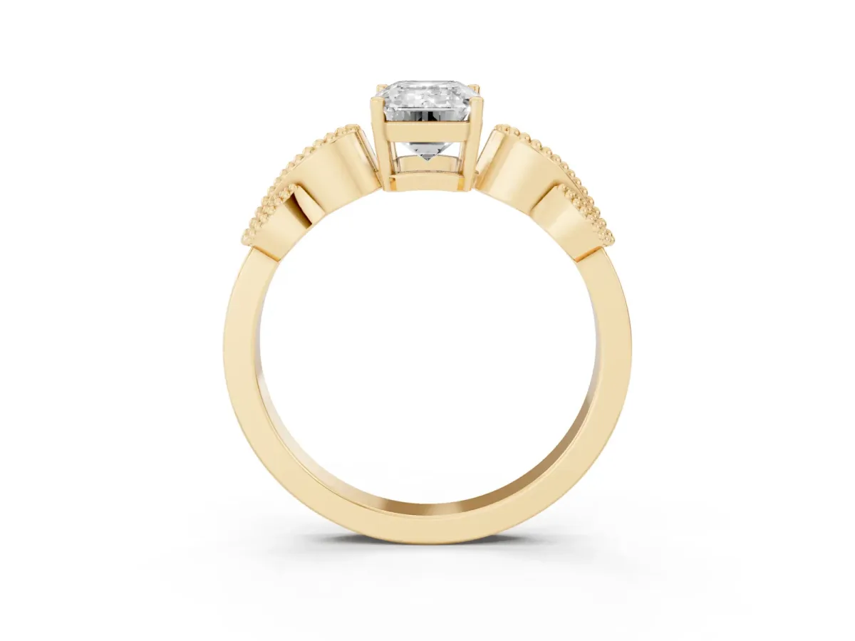 Emerald Cut Solitaire Milgrain Leaf Band with Prong Setting Yellow gold