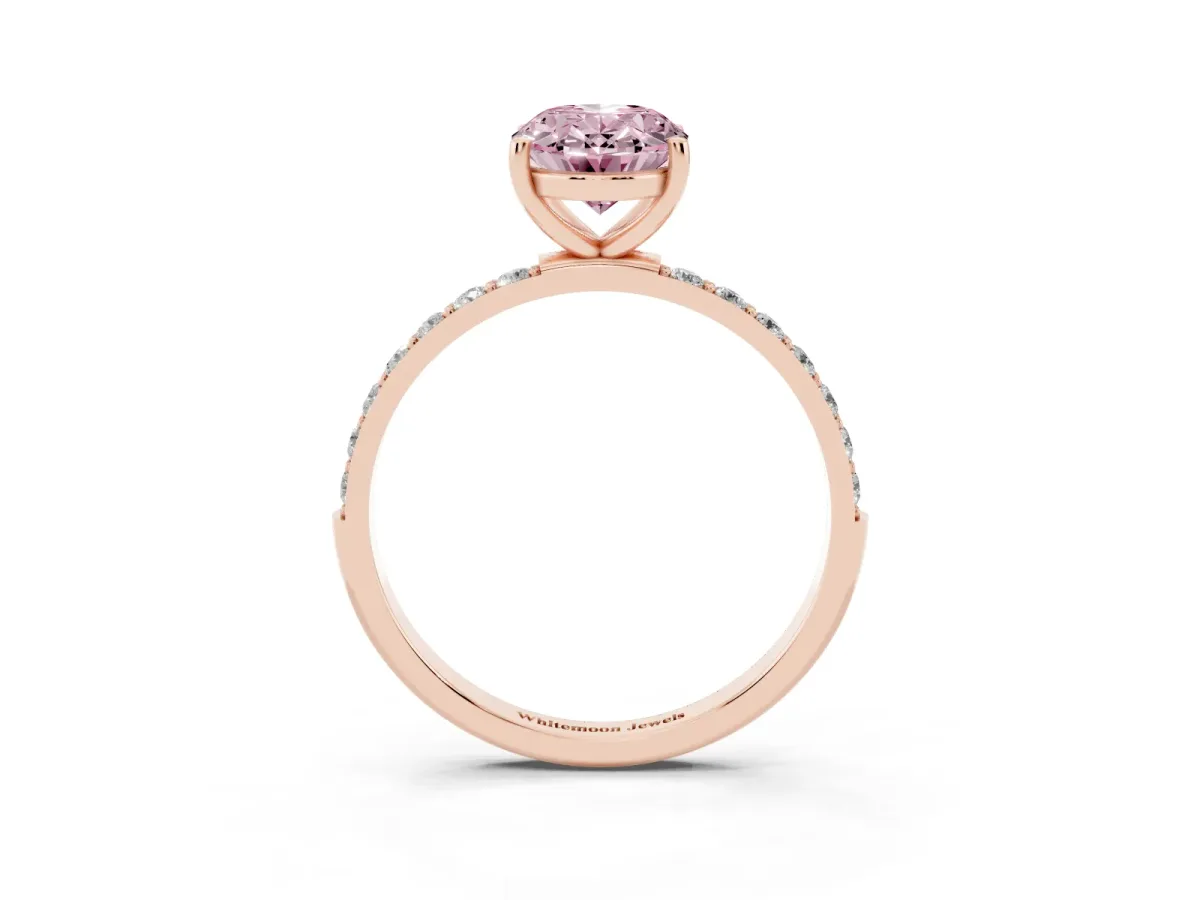 Fancy Pink Oval Cut Diamond Solitaire Ring with Round Pavé Shoulders and Prong Setting Rose gold