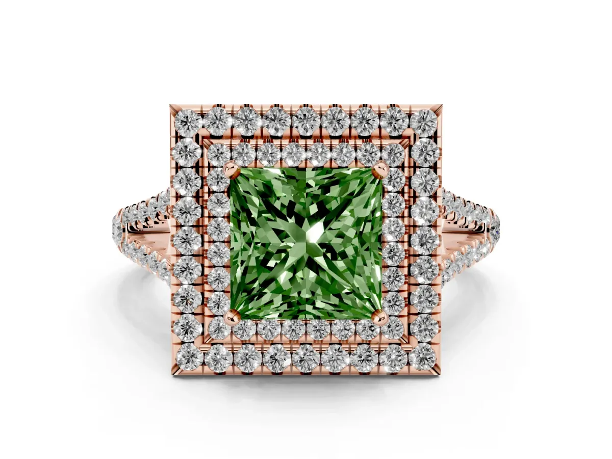 Fancy Green Princess Cut Diamond Double Halo Ring with Pavé Band and Prong Setting Rose gold