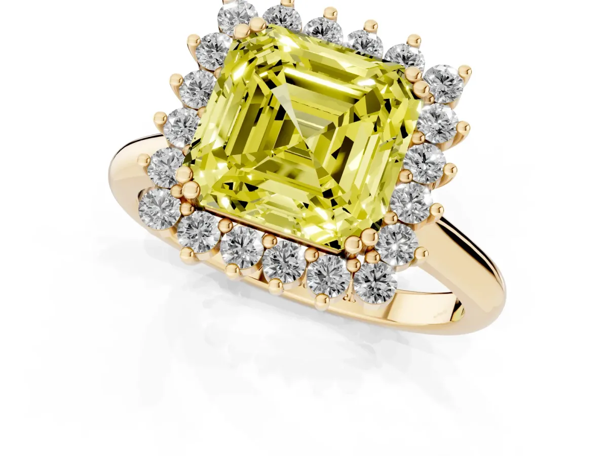 Fancy Yellow Asscher Cut Cut Diamond Halo Ring with Solitaire Band and Prong Setting Yellow gold