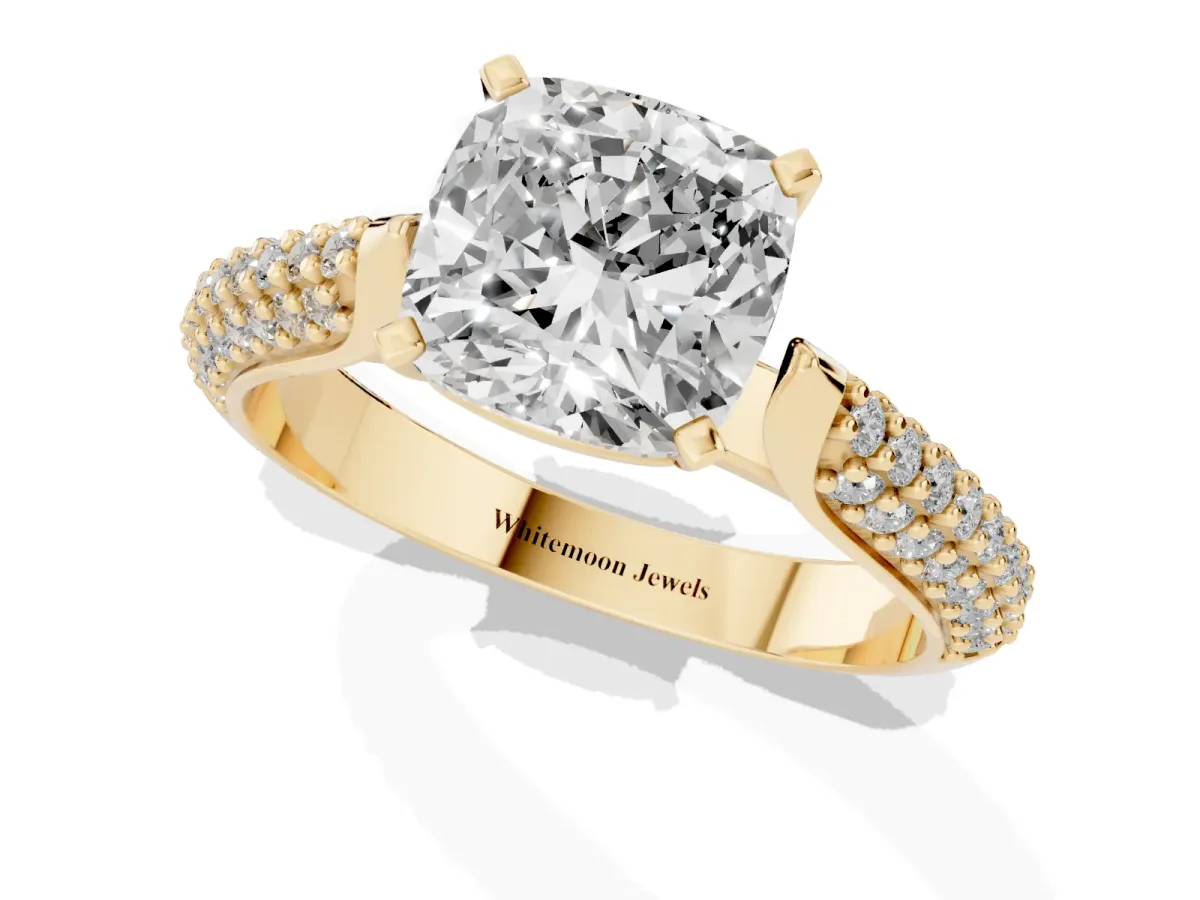 Cushion Cut Diamond Solitaire Engagement Ring with Multi-Row Round Pavé Band and Prong Setting Yellow gold