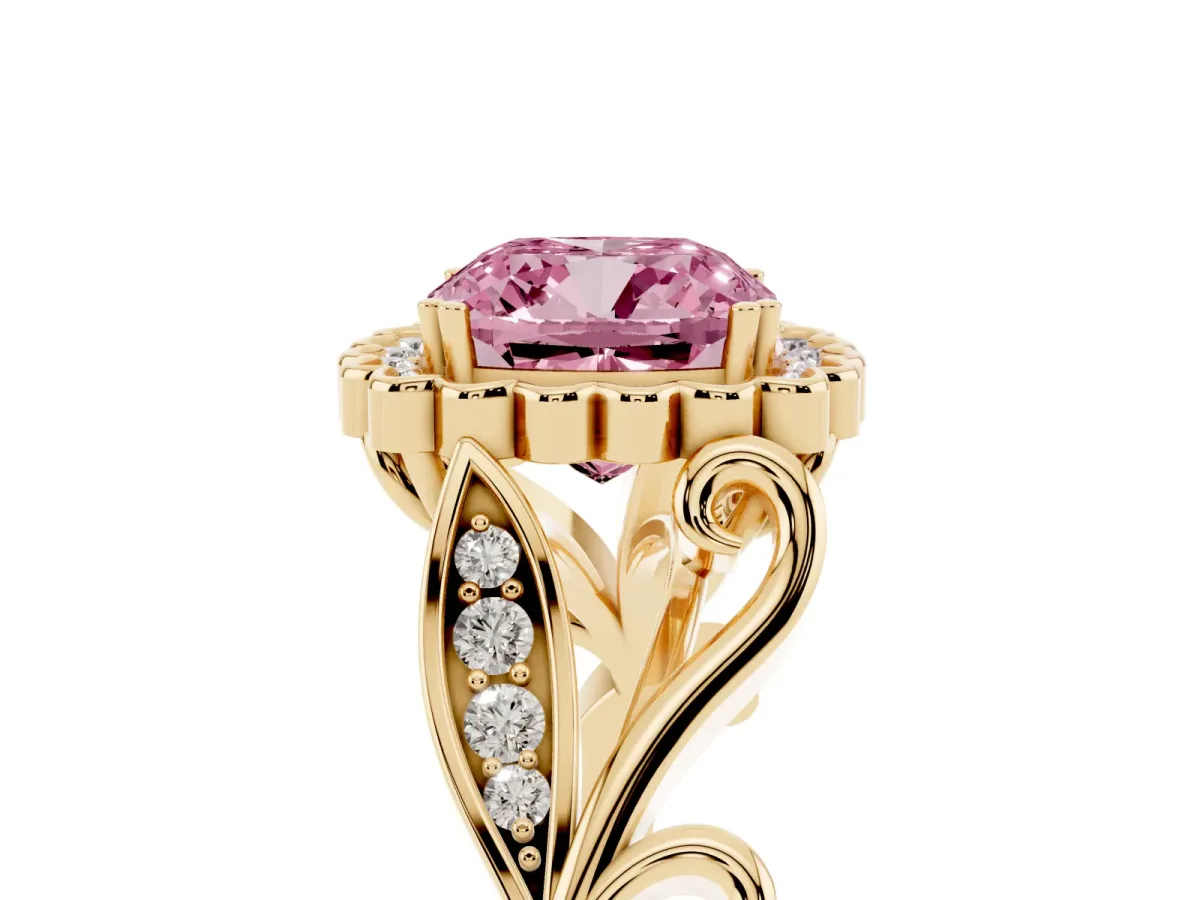 Fancy Pink Cushion Cut Diamond Halo Ring with Vintage Split Shank and Four-Prong Setting Yellow gold
