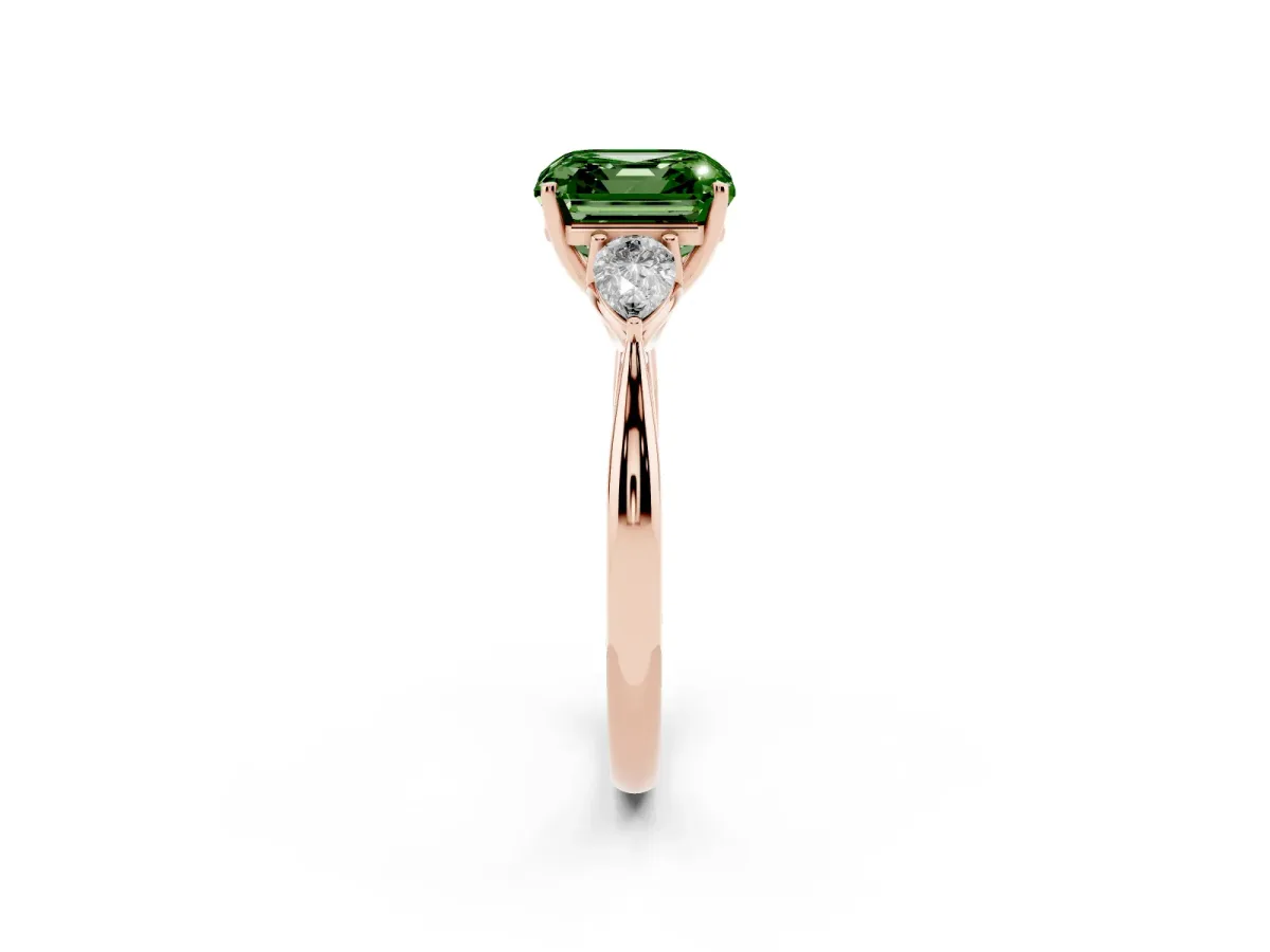 Fancy Green Three-Stone Asscher Cut Diamond Ring with Pear Side Stones in Four-Prong Setting Rose gold
