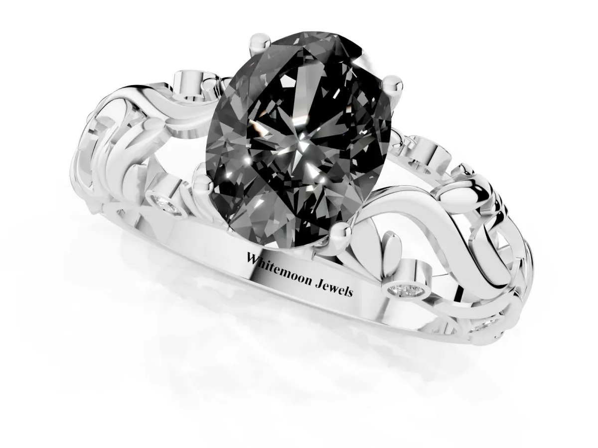 Fancy Black Oval Cut Solitaire Diamond Leaf-Inspired Vine Band Ring with Prong Setting Platinum