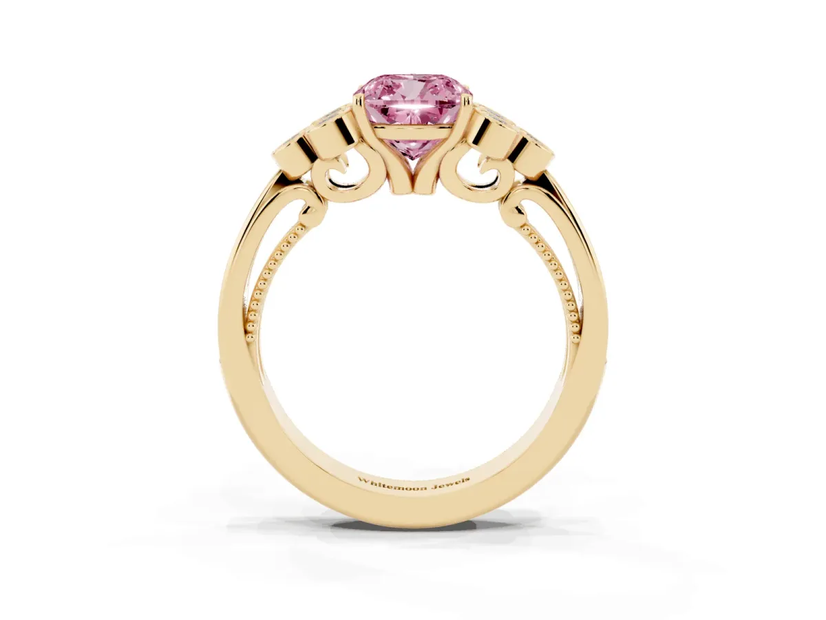 Fancy Pink Cushion Cut Cut Diamond Engagement Ring with Bezel Set Round Side Stones and Prong Setting Yellow gold