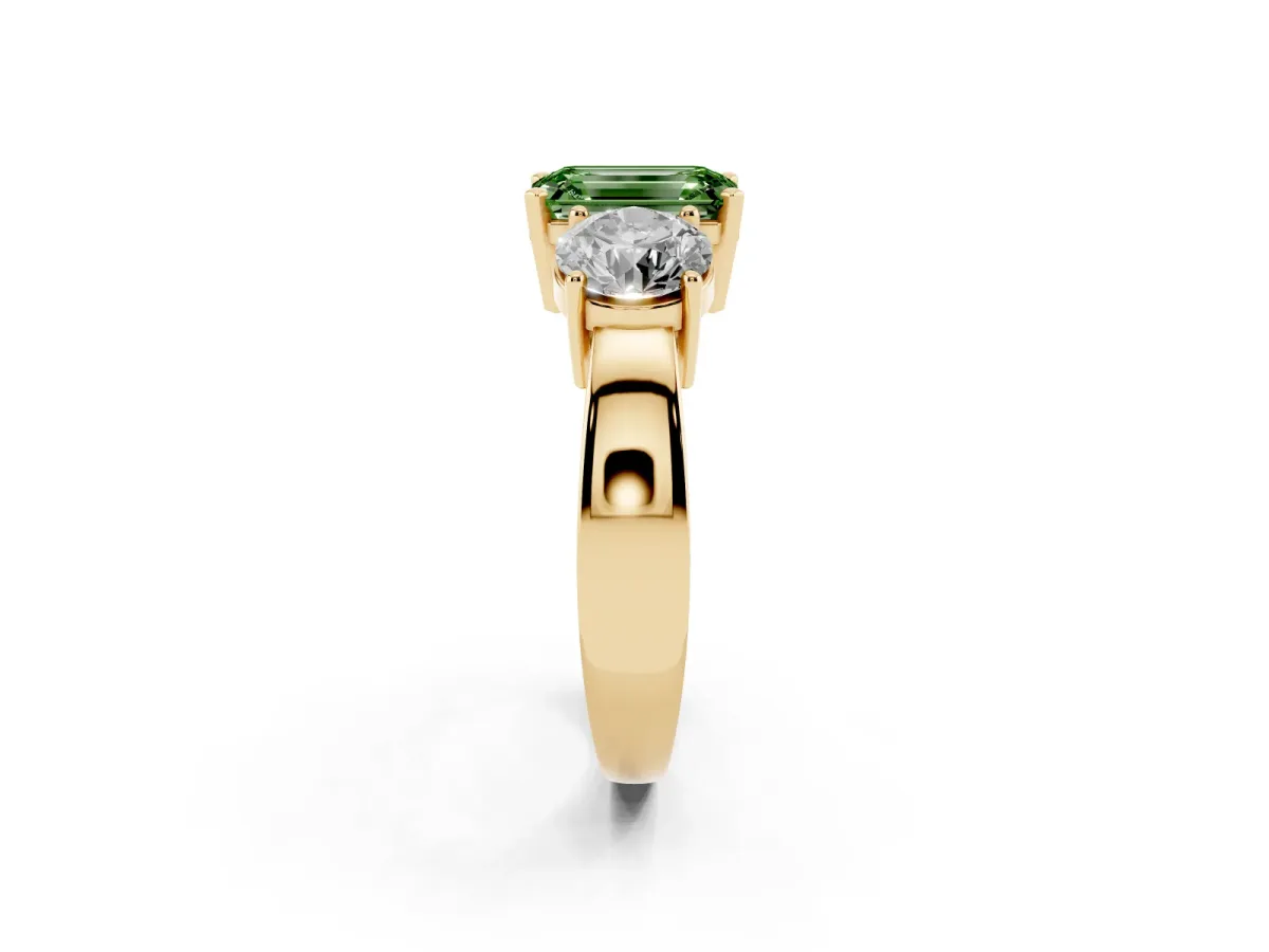 Fancy Green Three-Stone Emerald Cut Diamond Ring with Round Side Stones, Classic Band, and Four-Prong Setting Yellow gold