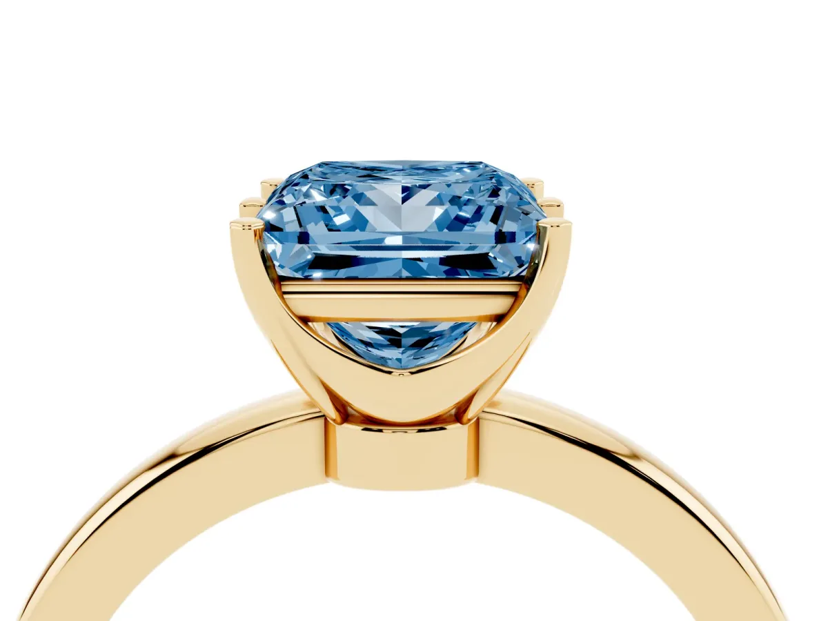 Fancy Blue Princess Cut Solitaire Diamond Ring with Six-Prong Setting on a Classic Band Yellow gold