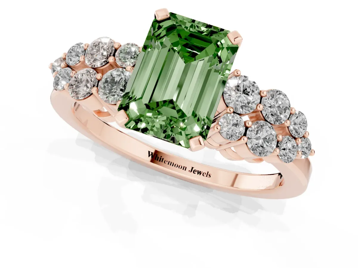Fancy Green Emerald Cut Cluster Diamond Engagement Ring with Pavé Band and Four-Prong Setting Rose gold