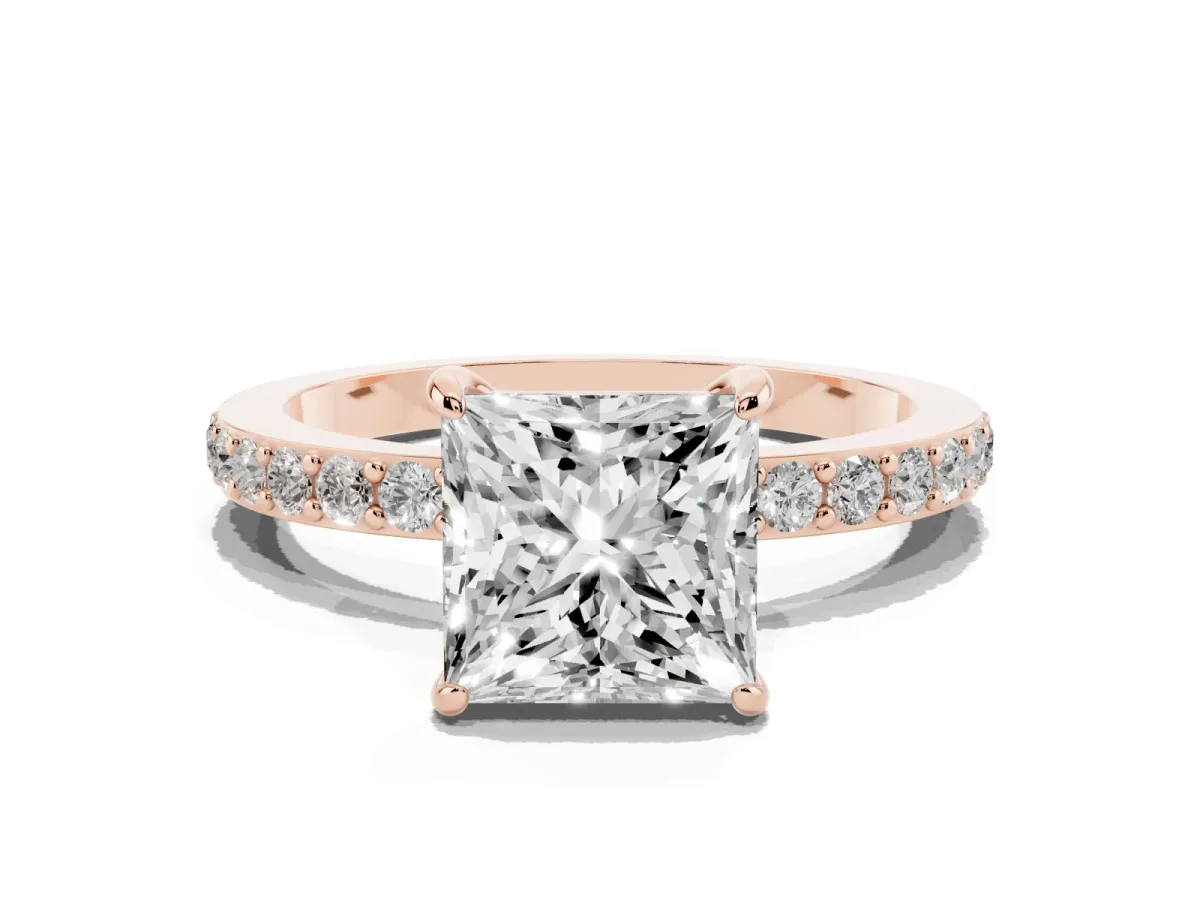 Princess Cut Diamond Solitaire Engagement Ring with Pavé Band and Four-Prong Setting Rose gold