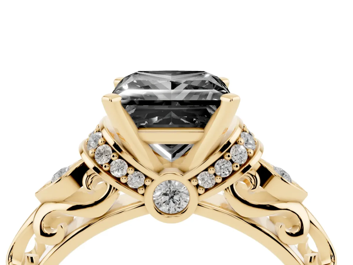 Fancy Black Princess Cut Diamond Solitaire Ring with Filigree Band and Four-Prong Setting Yellow gold