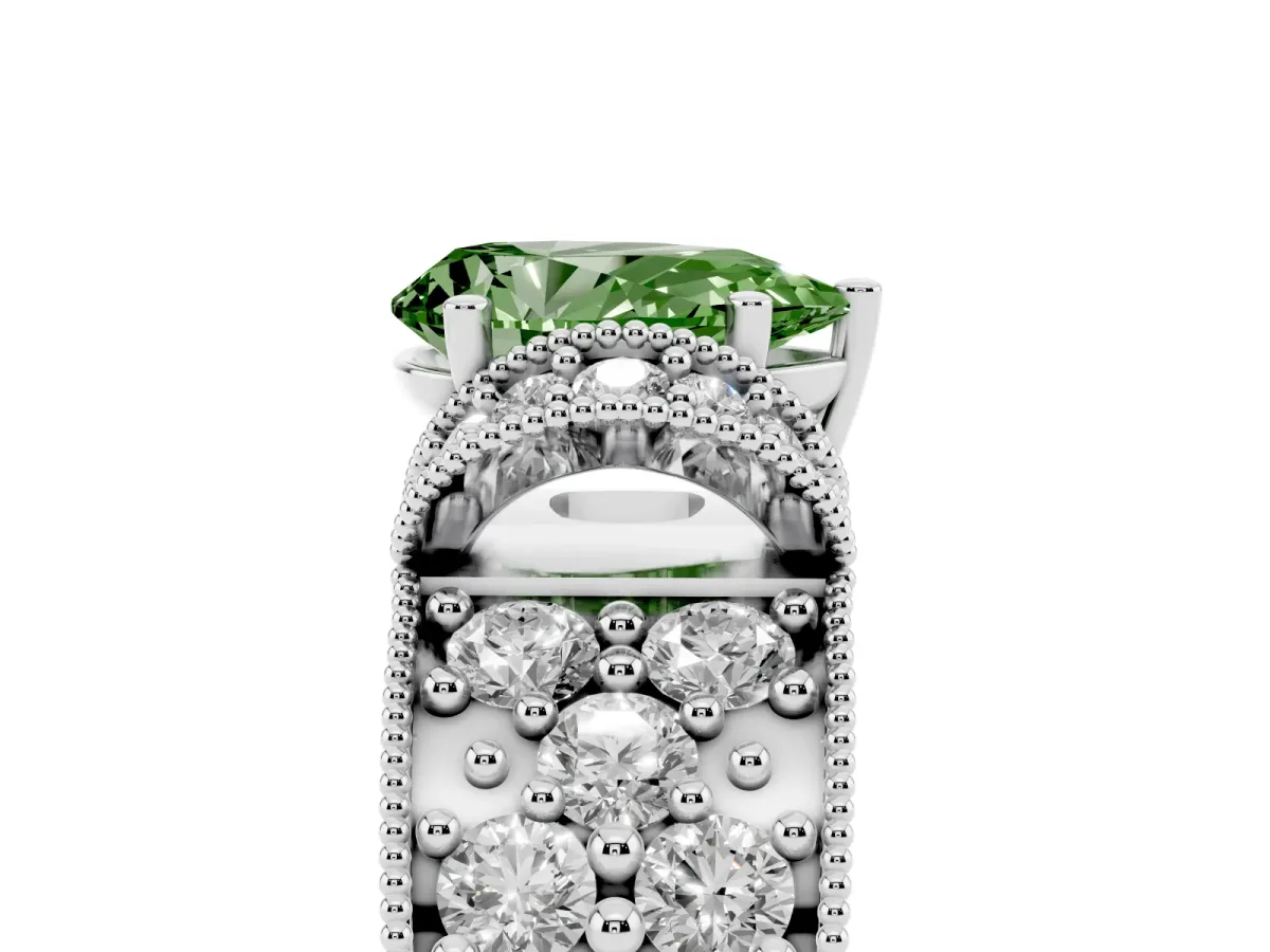 Fancy Green Pear Cut Halo Pave Diamond Engagement Ring with Milgrain Detailing Silver