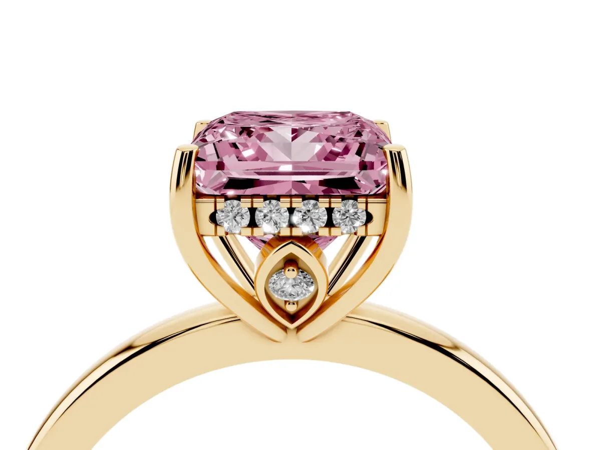 Fancy Pink Princess Cut Solitaire Diamond Ring with Prong Setting and Plain Band Yellow gold