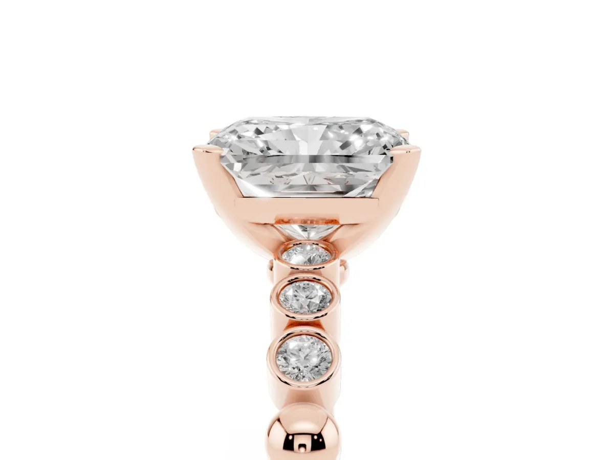 Radiant Cut Solitaire Bezel Accent Diamond Engagement Ring with Beaded Band and Four-Prong Setting Rose gold