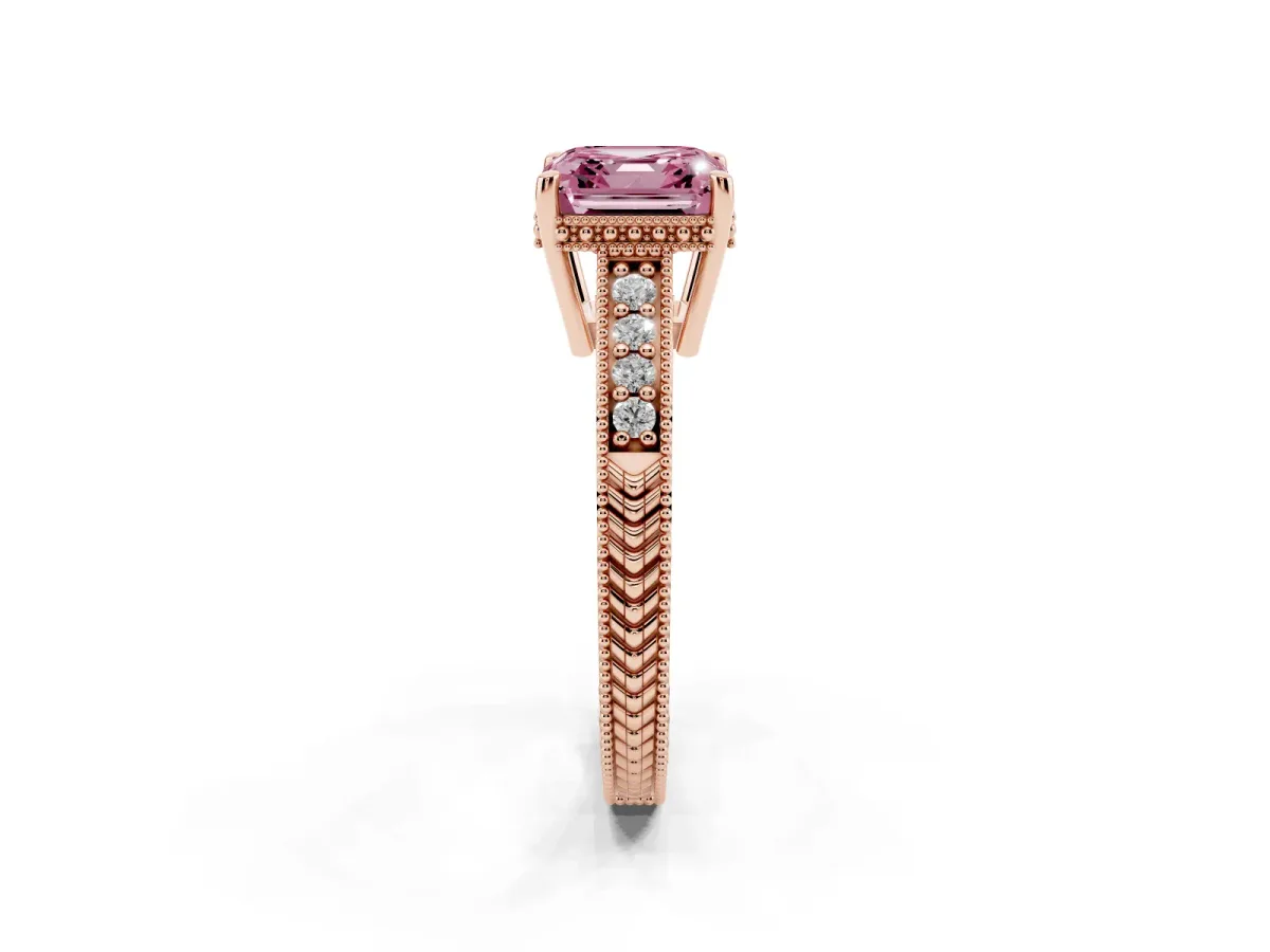 Fancy Pink Asscher Cut Solitaire Pavé Diamond Milgrain Engagement Ring with Four-Prong Setting Rose gold
