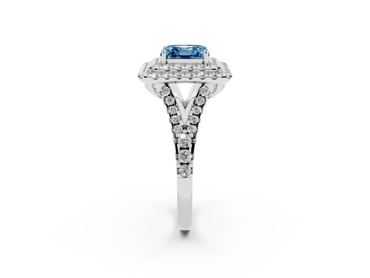 Fancy Blue Double Halo Asscher Cut Diamond Pavé Split Shank Ring with Prong Setting Platinum