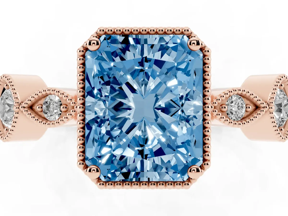 Fancy Blue Radiant Cut Diamond Vintage Milgrain Ring with Round Stations Rose gold