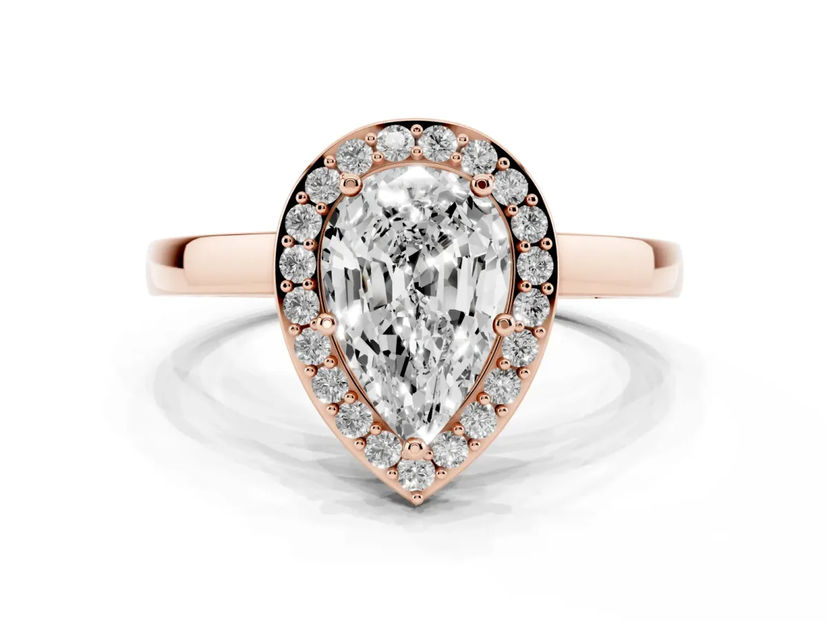 Pear Cut Halo Diamond Ring with Solitaire Band and Prong Setting Rose gold