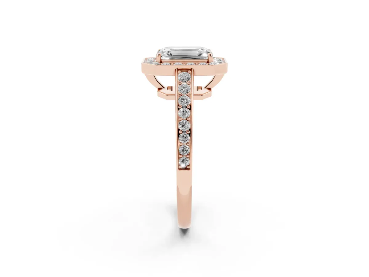 Emerald Cut Halo Pavé Diamond Engagement Ring with Bezel Setting Rose gold