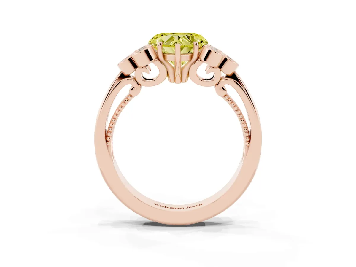 Fancy Yellow Heart Cut Cut Diamond Engagement Ring with Bezel Set Round Side Stones and Prong Setting Rose gold