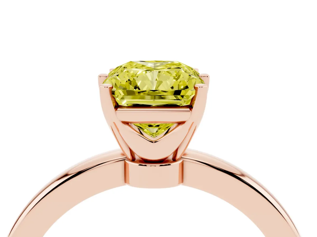Fancy Yellow Radiant Cut Solitaire Diamond Ring with Six-Prong Setting on a Classic Band Rose gold