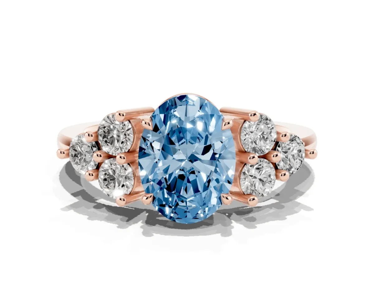 Fancy Blue Oval Cut Brilliant Diamond Cluster Accent Solitaire Ring with Prong Setting Rose gold