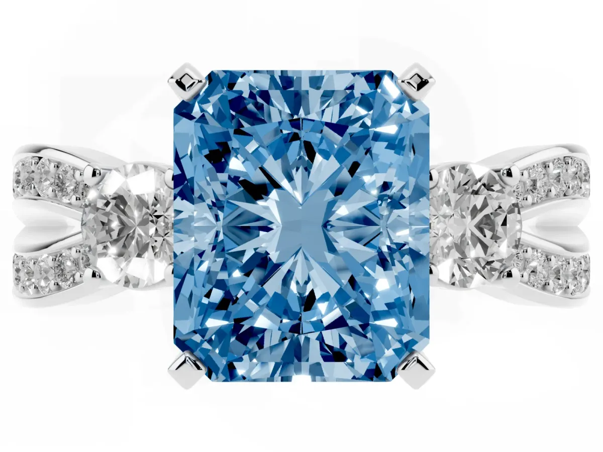 Fancy Blue Three-Stone Radiant Cut Cut Diamond Twist Band with Prong Setting Platinum
