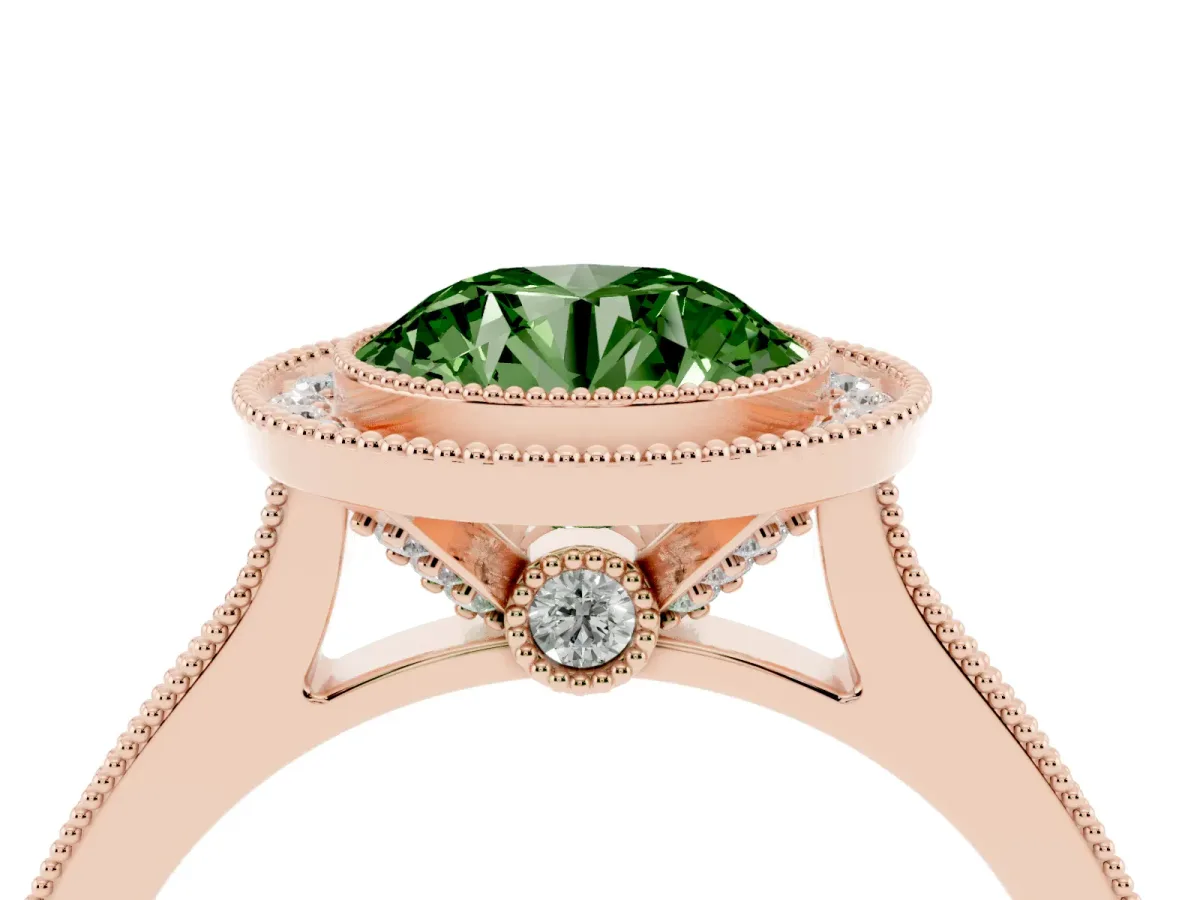 Fancy Green Halo Round Cut-Cut Diamond Pave Band Milgrain Prong Setting Ring Rose gold