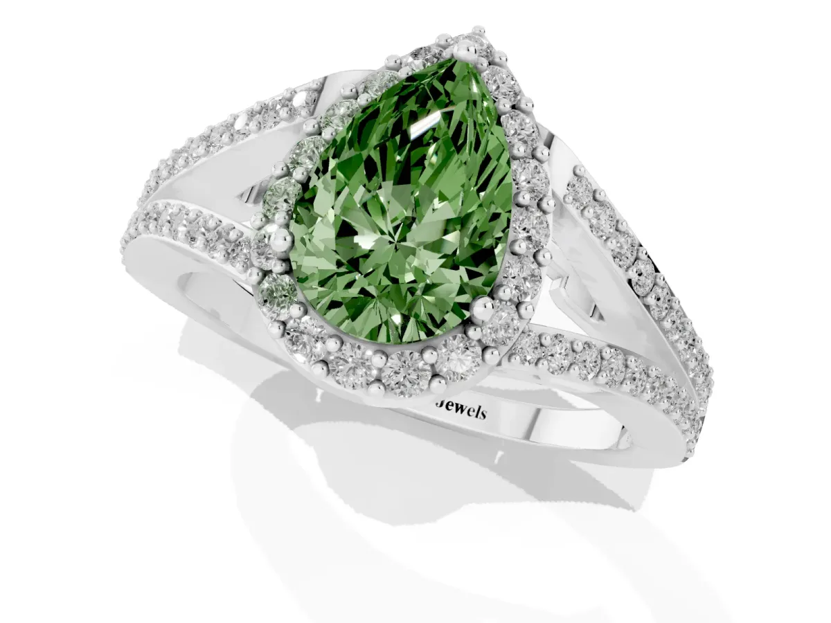 Fancy Green Pear Cut Halo Split Shank Diamond Ring with Prong Setting Silver