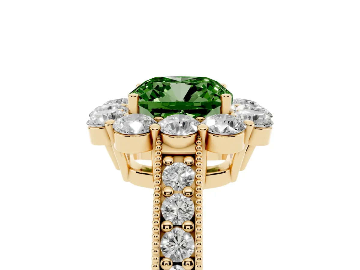 Fancy Green Cushion Cut Cut Halo Diamond Pavé Engagement Ring with Milgrain Detailing Yellow gold