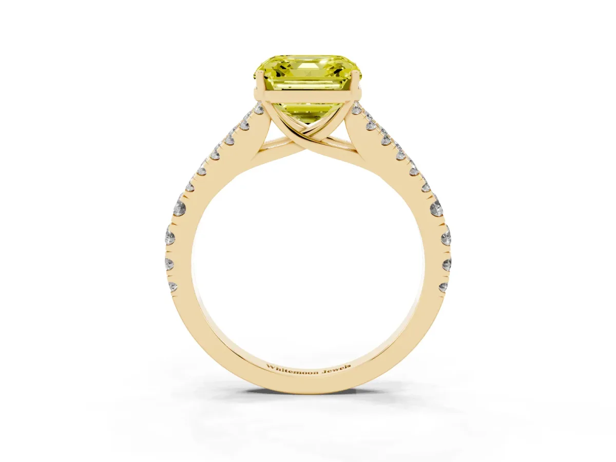 Fancy Yellow Asscher Cut Diamond Split Shank Pavé Engagement Ring with Four-Prong Setting Yellow gold
