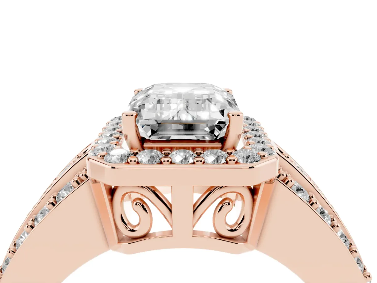 Emerald Cut Halo Diamond Ring with Round Split Shank and Prong Setting Rose gold