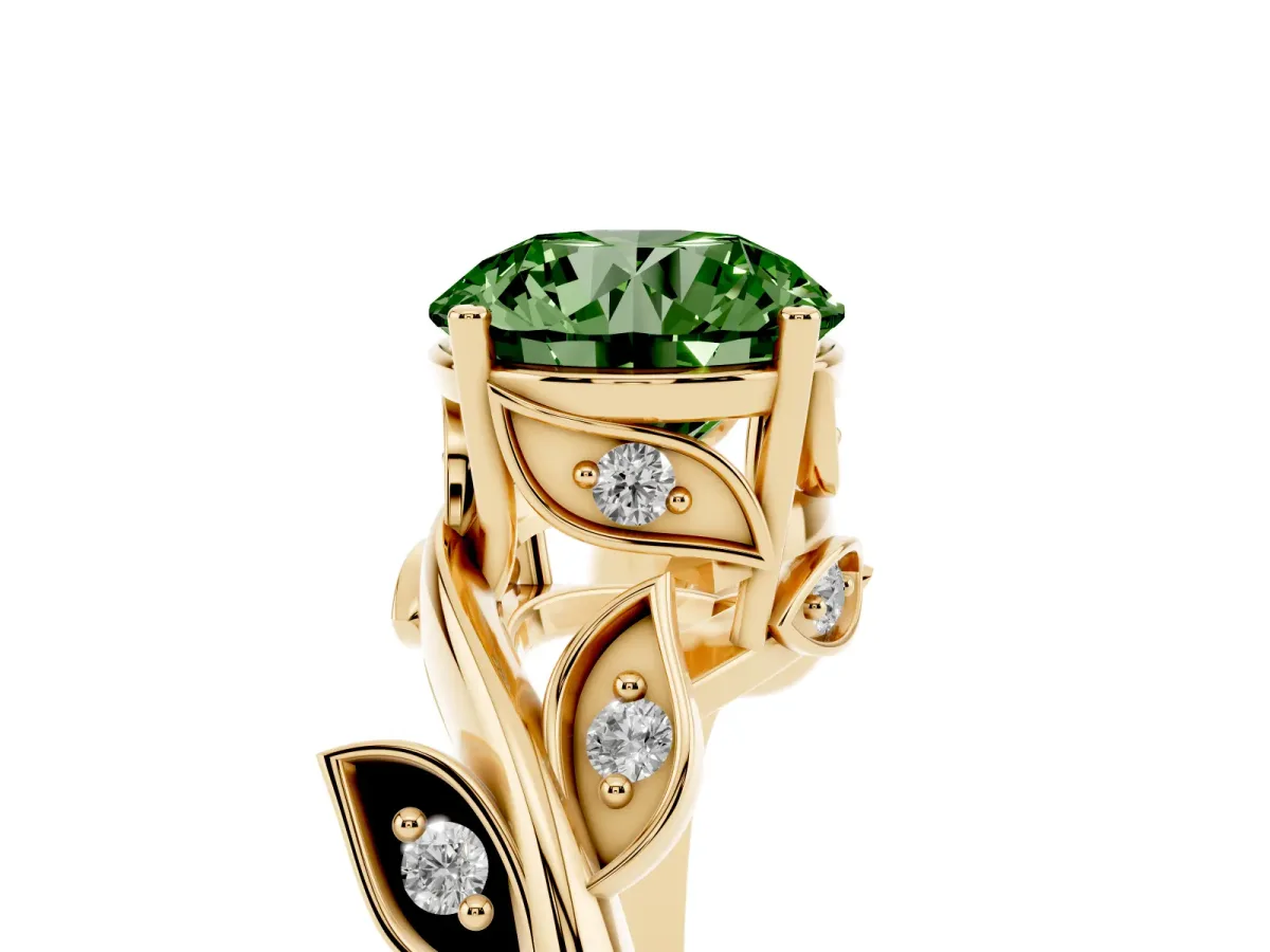 Fancy Green Round Cut Solitaire Twist Engagement Ring with Leaf Accents and Prong Setting Yellow gold