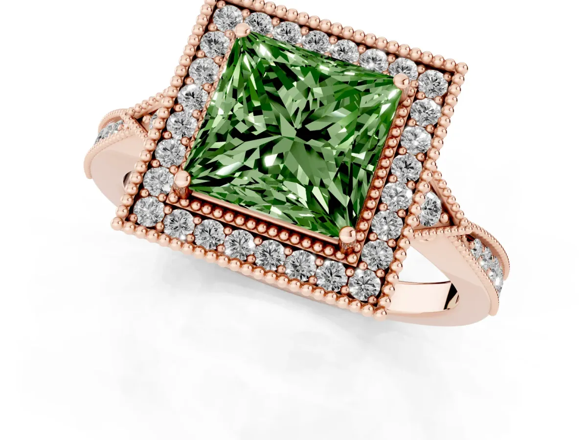 Fancy Green Princess Cut Halo Round Diamond Milgrain Pave Engagement Ring Rose gold